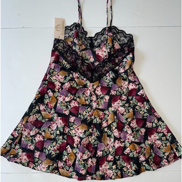 LA Intimates Satin Slip Dress S Black Floral Lace Y2K Mini Coquette Romantic - Picture 8 of 8